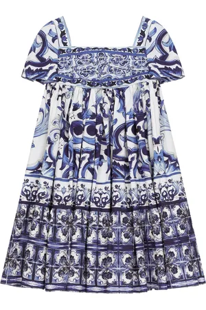 Dolce & Gabbana Vestido Largo De Popelina Con Estampado De Mayólica - Mujer Vestidos Azul Algod�n 2 Years