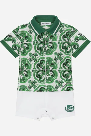 Dolce & Gabbana Pelele De Piqué Con Estampado Maiolica Verde Y Logotipo Dg - Hombre Set Regalo Y Body Multicolor 6/9 Months