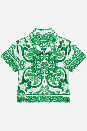 Dolce & Gabbana Camisa De Sarga Con Estampado Maiolica Verde - Hombre Camisas 8 Years
