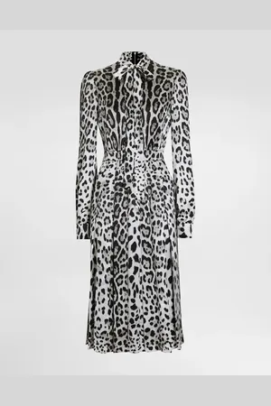Dolce & Gabbana Vestido Longuette Camisero De Raso Con Lazo Estampado Leopardo - Mujer Vestidos 36