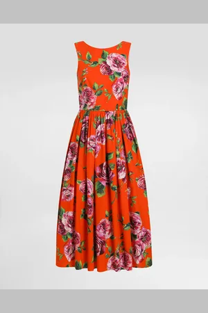 Dolce & Gabbana Vestido Babydoll Longuette De Algodón Con Estampado De Rosas - Mujer Vestidos 36