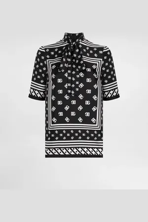 Dolce & Gabbana Blusa De Manga Corta En Seda Con Lazo Y Estampado Fular Logotipo Dg Integral - Mujer Camisas Y Tops 38