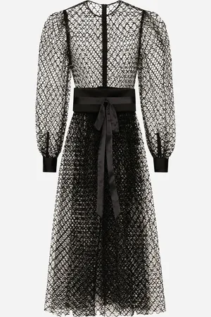 Dolce & Gabbana Vestido Longuette De Malla Con Cinturón En Crepé De Lana - Mujer Vestidos 36