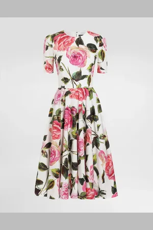Dolce & Gabbana Vestido Longuette Babydoll De Algodón Con Estampado De Rosas - Mujer Vestidos 48