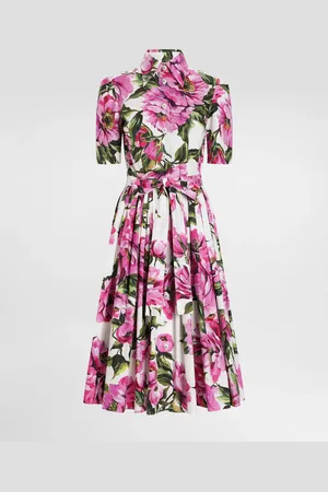 Dolce & Gabbana Vestido Camisero Longuette De Algodón Con Estampado De Peonías - Mujer Vestidos 40