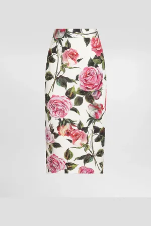 Dolce & Gabbana Falda Longuette De Algodón Jacquard Con Estampado De Rosas - Mujer Faldas 38