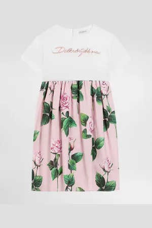 Dolce & Gabbana Vestido De Punto Y Popelina Con Estampado De Rosas - Mujer Vestidos Multicolor 2 Years