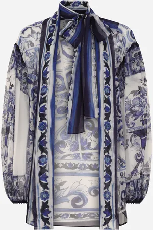 Dolce & Gabbana Chiffon Pussy-bow Shirt With Majolica Print - Mujer Camisas Y Tops Azul Seda 36