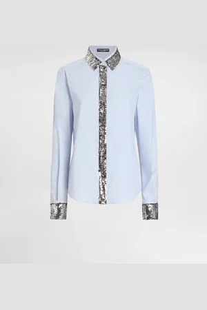 Dolce & Gabbana Camisa En Popelina De Algodón Con Detalles De Lentejuelas - Mujer Camisas Y Tops Azul Algod�n 40