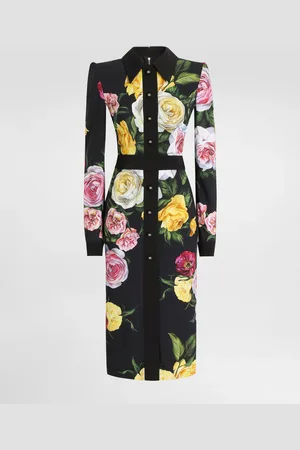 Dolce & Gabbana Vestido Longuette Camisero De Cady Con Estampado De Peonías Y Rosas - Mujer Vestidos 36