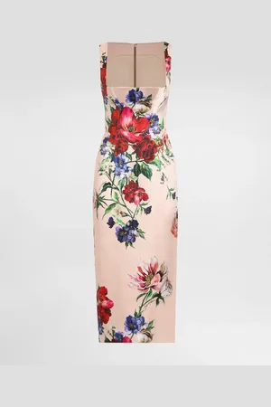 Dolce & Gabbana Vestido Longuette De Tubo De Raso Con Estampado A Flores - Mujer Vestidos 38