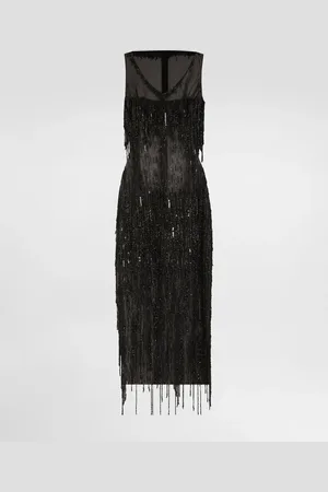 Dolce & Gabbana Vestido Longuette De Marquisette Sin Mangas Bordado Con Flecos De Lentejuelas - Mujer Vestidos 44