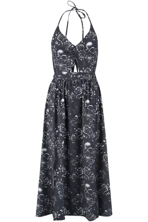 EMP Vestido largo de - Double Slit Dress with Roses and Skulls - S XXL - para Mujer