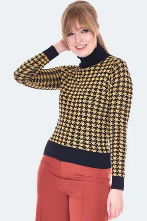 Voodoo Vixen Jersey de punto Rockabilly de - Mustard And Black Houndstooth - XS XXL - para Mujer