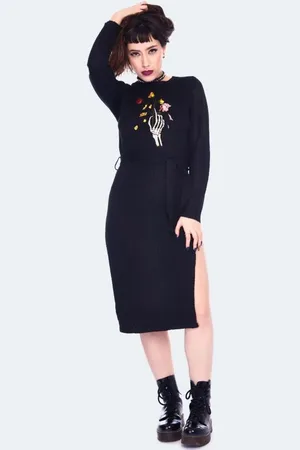 Jawbreaker Vestidos de longitud media Gótico de - Dead Flowers Embroidered Knitted Midi Dress - XS XL - para Mujer