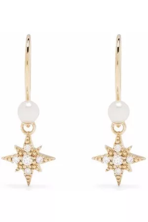 Mizuki Pendientes pequeños con motivo de estrella en oro amarillo de 14kt con diamantes y perla