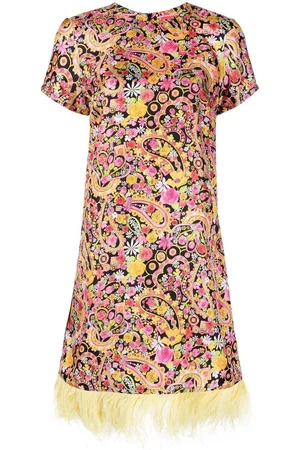 La DoubleJ Vestido Swing corto con ribete de plumas
