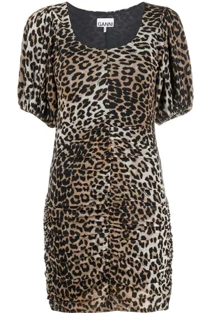 Ganni Vestido fruncido con estampado de leopardo