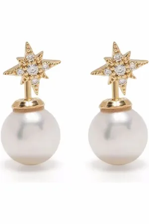 Mizuki Pendientes pequeños en oro amarillo de 14kt con diamantes y perlas