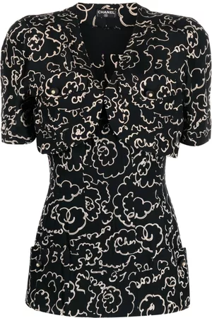CHANEL Blusa de manga corta con camelias estampadas 1993