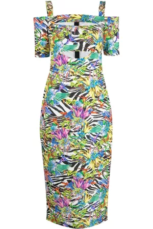 Roberto Cavalli Vestido con varios estampados y hombros descubiertos