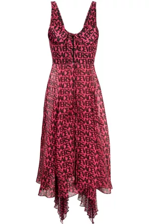 VERSACE Vestido con logo estampado y dobladillo asimétrico