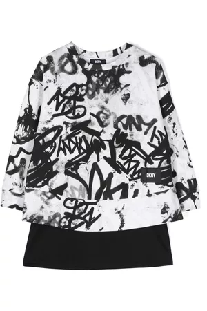 DKNY Vestido corto con estampado de grafiti y capas