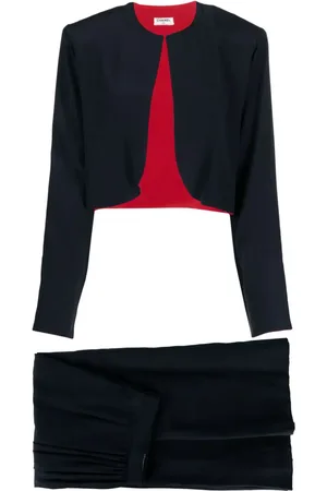 CHANEL 1990s collarless gathered two-piece silk skirt suit
