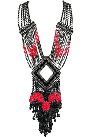 JENNIFER GIBSON JEWELLERY Statement Art Deco Inspired Neon & Black Tassel Collar 2000s