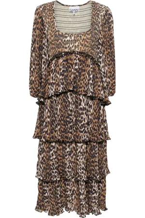 Ganni Vestido midi a capas con estampado de leopardo
