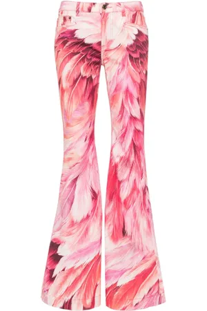 Roberto Cavalli Vaqueros acampanados con estampado de plumas