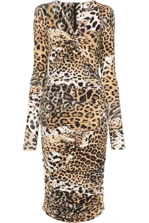 Roberto Cavalli Vestido fruncido con estampado Jaguar Skin