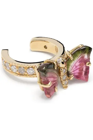 JACQUIE AICHE Pendiente earcuff Watermelon Butterfly en oro amarillo de 14 ct con turmalina