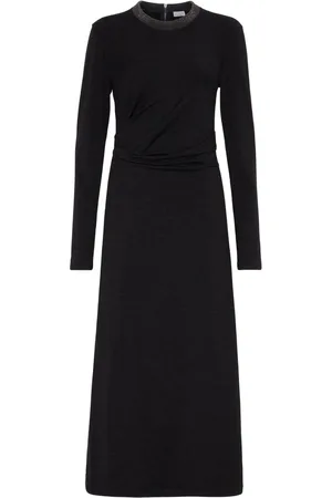 Brunello Cucinelli Vestido fruncido con ribete Monili