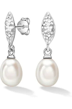Dower and Hall Pendientes Hammered Marquise and White Freshwater Pearl Drop