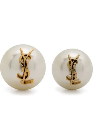 Saint Laurent Pendientes con placa del logo y perla