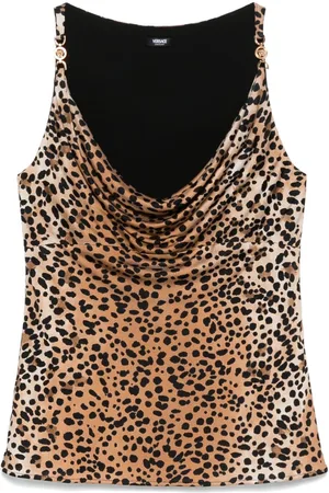 VERSACE Top con cuello desbocado y estampado de leopardo