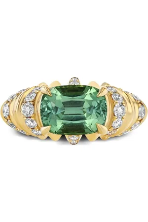 Lizzie Mandler Anillo Crescent en oro amarillo de 18 ct con diamante y esmeralda
