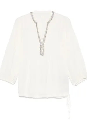 120% Lino Blusa con detalles de cristal