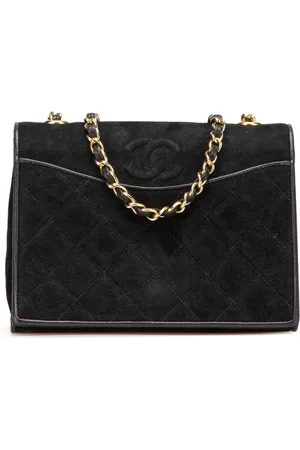 CHANEL Bandolera acolchada pequeña de ante con logo CC y correa de cadena 1989-1991