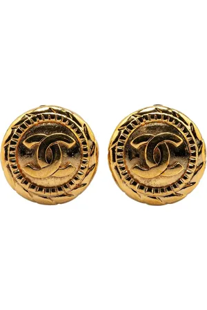 CHANEL Pendientes de clip redondos con logo CC bañados en oro 1970-1980