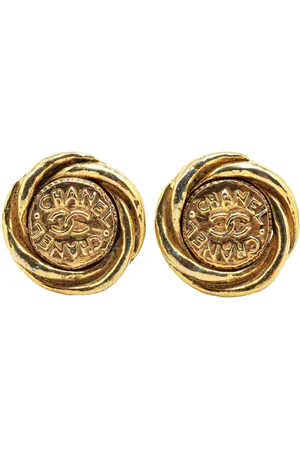 CHANEL Pendientes de clip redondos con logo CC bañados en oro 1970-1980