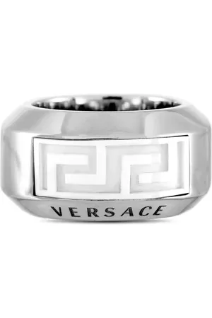 VERSACE Anillo en oro blanco de 18 ct y cerámica con detalle Greca pre-owned