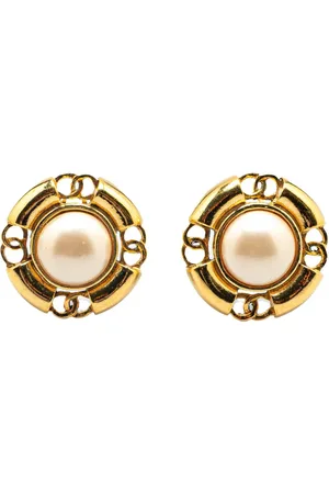 CHANEL Pendientes de clip CC bañados en oro con perla artificial 1994