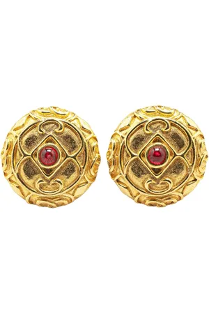 CHANEL Pendientes de clip Gripoix redondos con logo CC bañados en oro 1970-1980