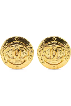CHANEL Pendientes de clip redondos con logo CC bañados en oro 1980-1990