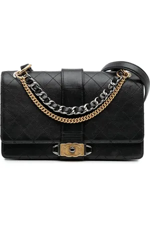 CHANEL Bolso satchel acolchado de piel de becerro acolchada con doble cadena 2018-2019