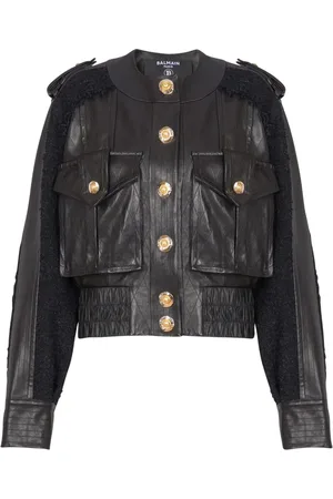 Balmain Chaqueta bómber de piel con panel de tweed