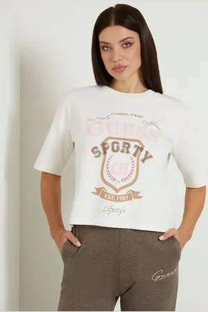 GUESS Camiseta deportiva de manga corta con logotipo bordado para mujer
