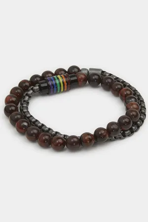 Gutteridge Pulsera doble de metal y esferas marrones